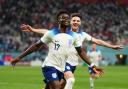Bukayo Saka celebrates scoring for England against Iran