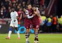 Nayef Aguerd and Lucas Paqueta celebrate West Ham's win