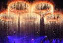 The Olympic rings come together in formation during the London Olympic Games 2012 opening ceremony