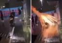 Footage shows the moment that a woman and a baby were struck with fireworks