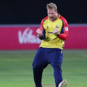 Simon Harmer celebrates a wicket for Essex Eagles against Sussex Sharks