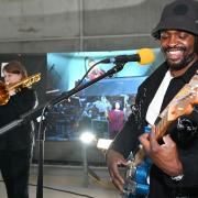 Hak Baker and Helen Vollam perform at the topping out ceremony for the BBC's new East Bank music studios