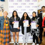 Mayor of Newham Rokhsana Fiaz (right) with Cllr Jane Lofthouse, Cllr Sarah Ruiz (first - second left) and NewVIc principal Mandeep Gill (second right) with students at NewVIc College.