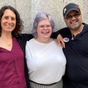 Activist Amelia Halls (centre), with Extinction Rebellion spokeswoman Zoe Blackler and Riz Choudhry outside the Old Bailey in central London.