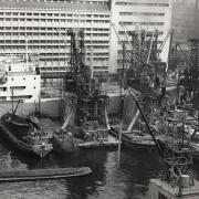 Grain being discharged by elevators into barges at the Co-Op Mills, Royal Victoria Dock in 1954.