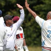 Newham claim the third Goresbrook wicket during Goresbrook CC (batting) vs Newham CC, Hamro Foundation Essex League Cricket at May & Baker Sports Club on 26th June 2021
