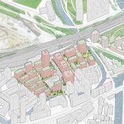 An artistic representation of the Pudding Mill Lane development from an aerial view
