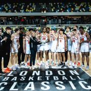 Princeton University Tigers celebrate winning the inaugural London Basketball Classic at the Copper Box Arena