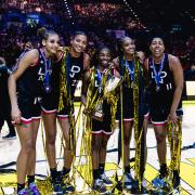 Paige Robinson (second from left) celebrates with London Lions teammates