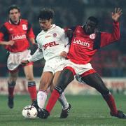 Chris Bart-Williams in action for Nottingham Forest against Bayern Munich