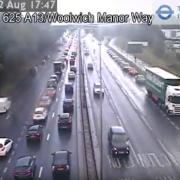 Traffic queueing up on Newham Way towards Beckton as shown by TFL