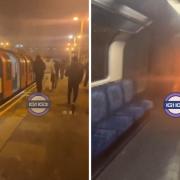 Screengrabs taken from a video shared by @Ig1Ig3 showing smoke from a train at Leyton station